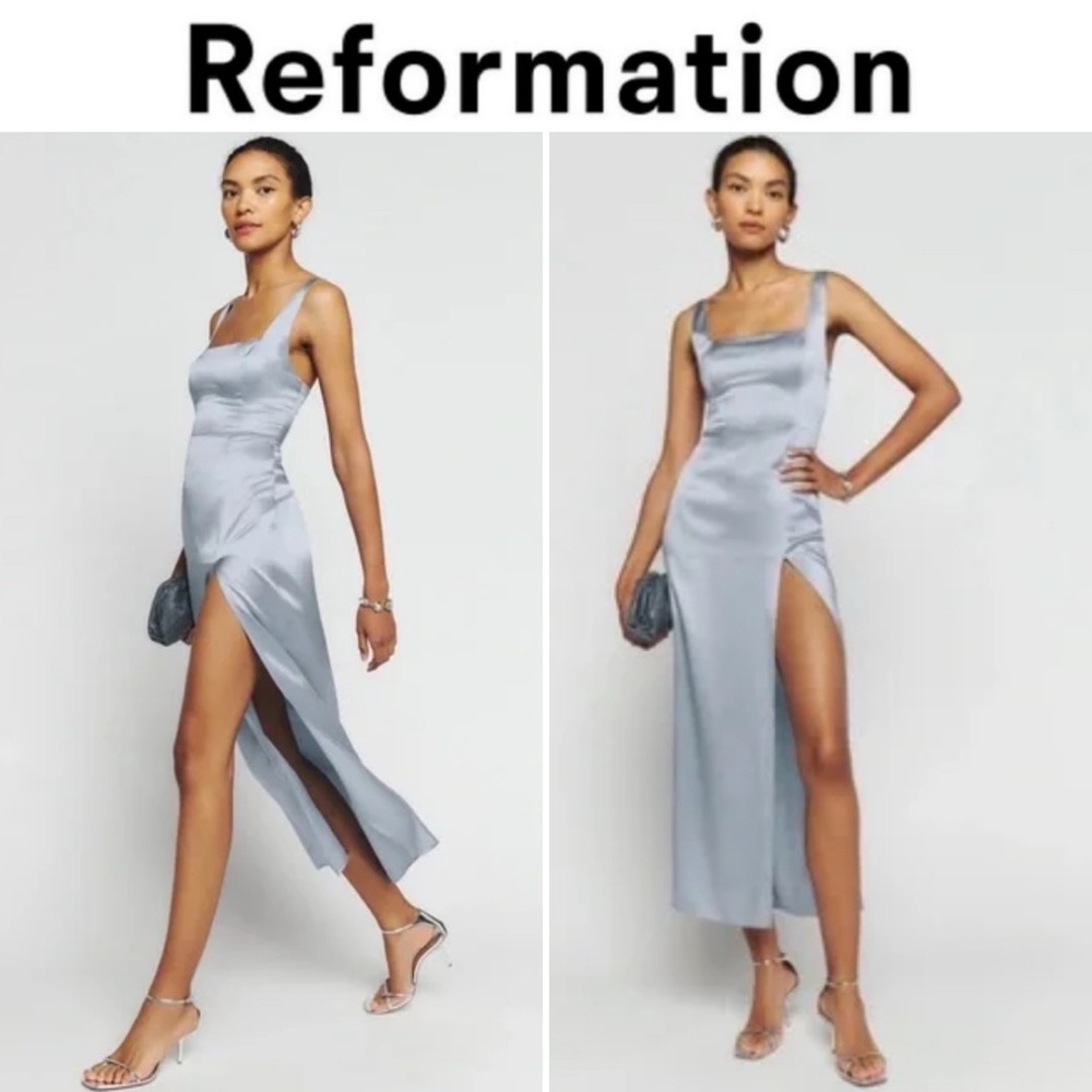 Reformation Sky Blue Satin Midi Dress